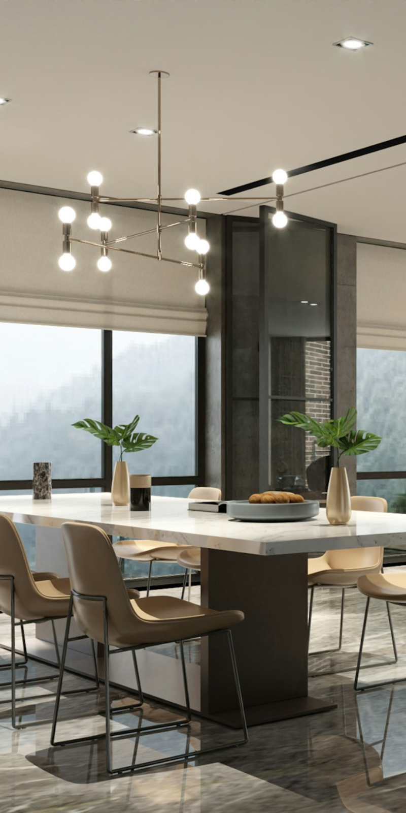 Contemporary dining space with modern lighting, large windows, and clean architectural lines symbolizing coordinated planning and long-term stewardship.