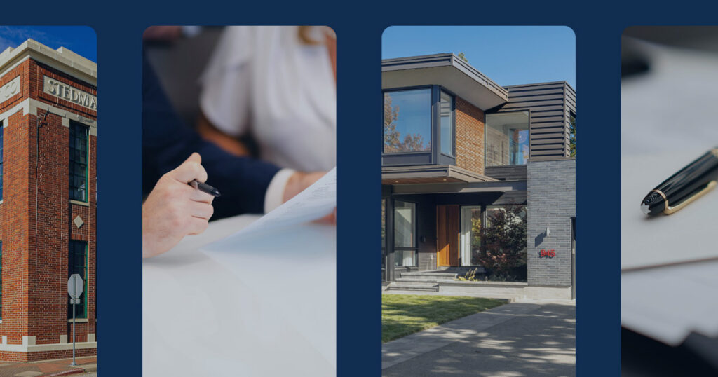 Trust administration collage showing commercial property, attorney document review, family real estate, and legal documents