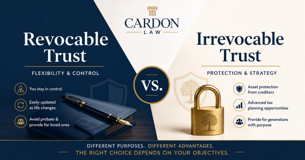Comparison of revocable and irrevocable trusts, highlighting flexibility and control versus protection and advanced planning.