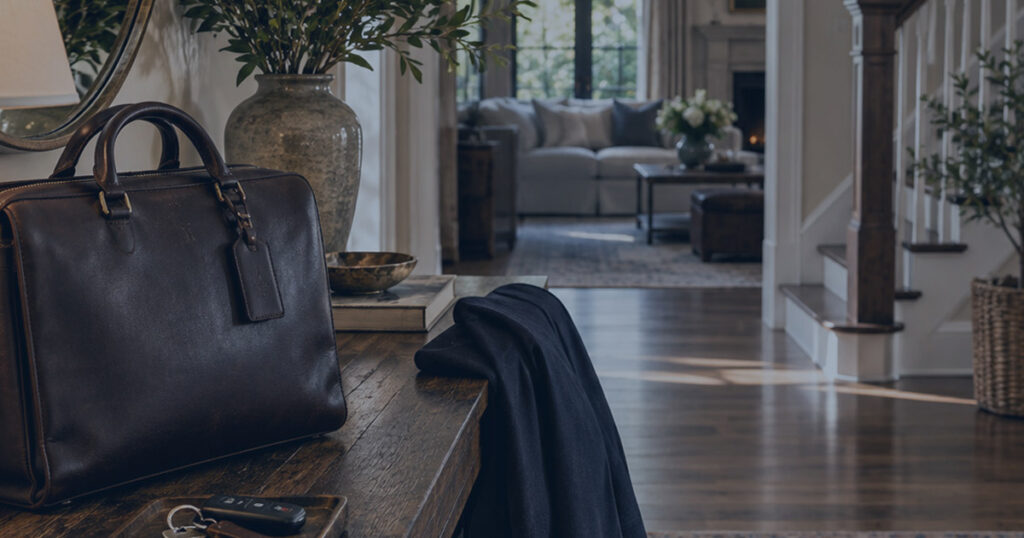 Briefcase and suit jacket inside a family home, representing business risk crossing into personal assets.